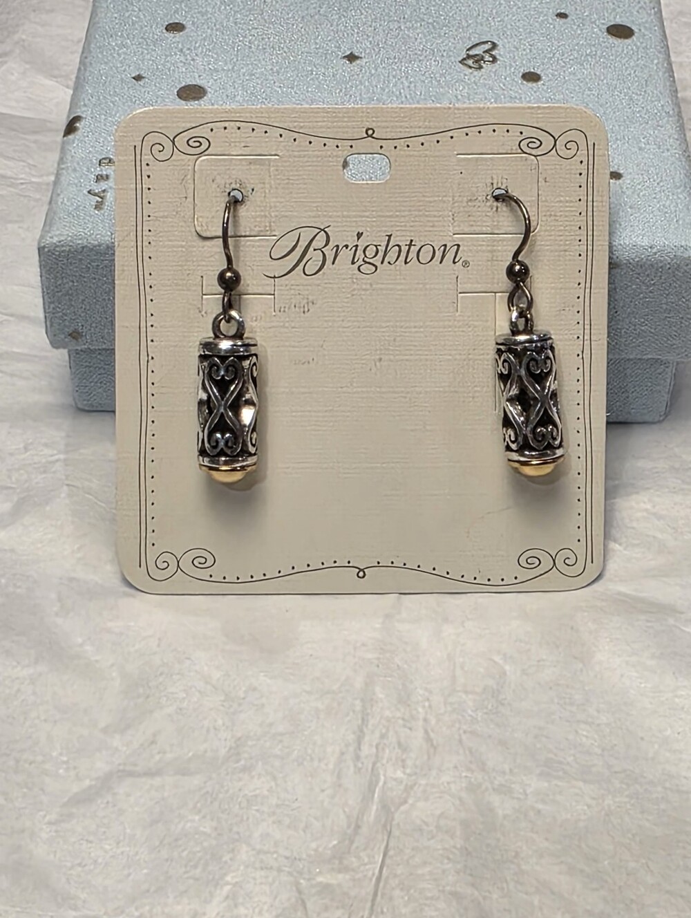 Brighton Desire Silver and Gold Filigree Cylinder Drop Barrel Earrings